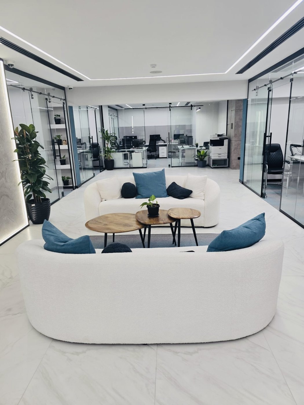 Office lounge with seating and interior finishes