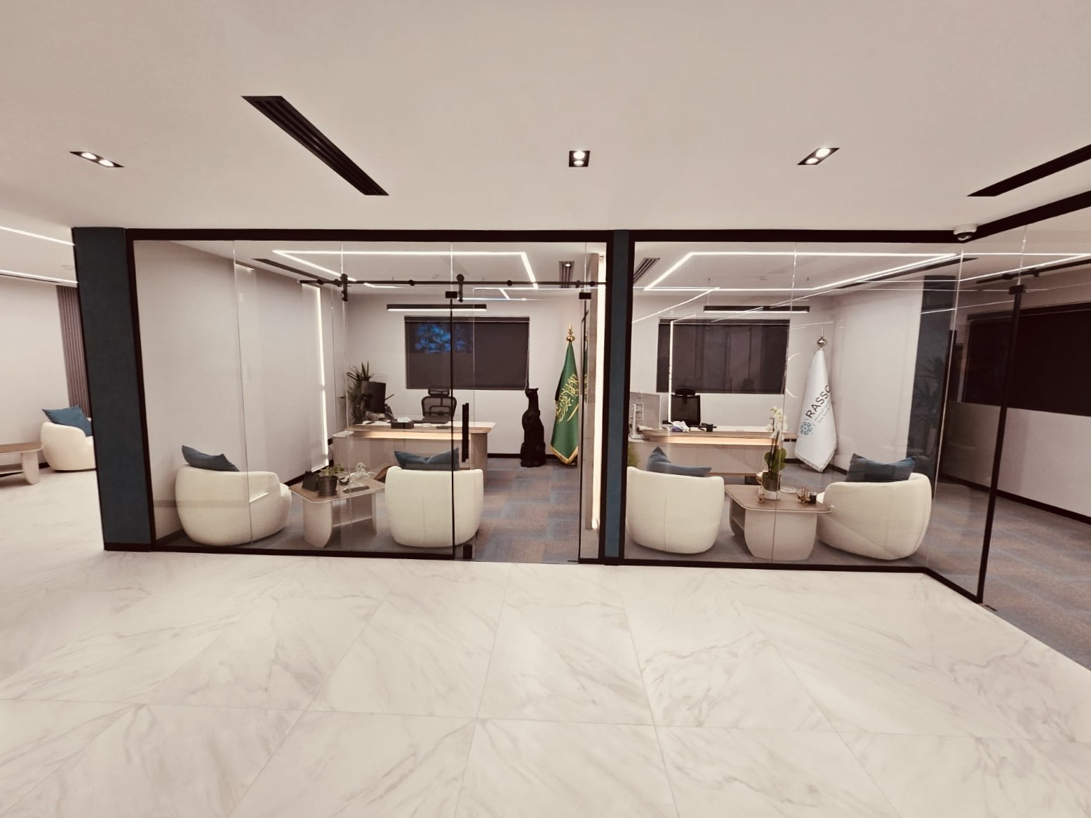 Office reception interior with seating and counters